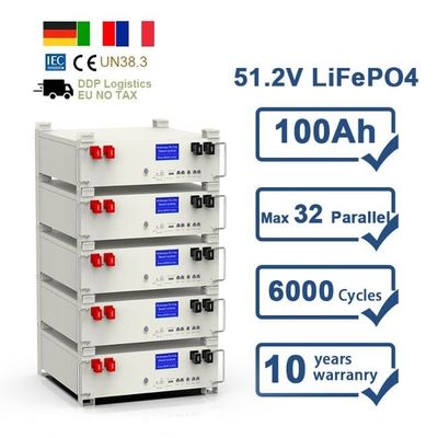 10 साल की वारंटी 51.2V 5Kwh रिचार्जेबल लिथियम आयन पैक 100Ah LiFePO4 बैटरी